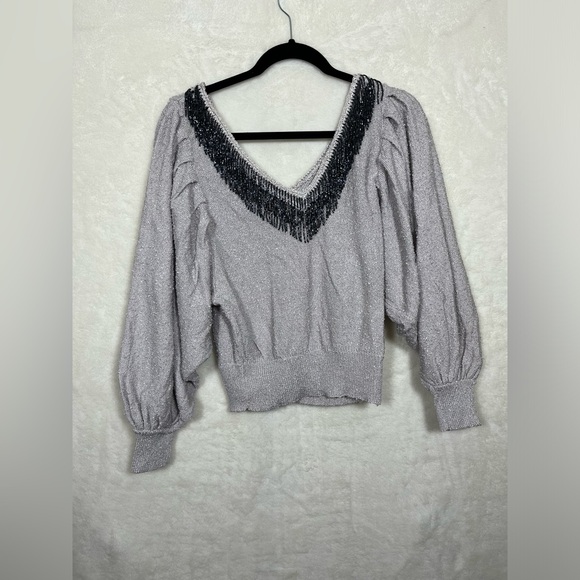 Vintage Joani Rome Gray Sweater balloon sleeves beaded neckline size Medium - Picture 5 of 5